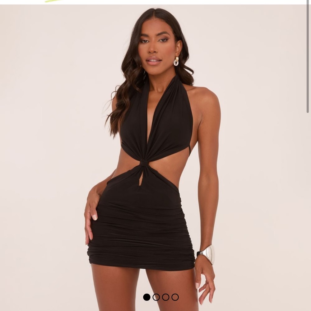 HALTERNECK KNOTTED FRONT CUT OUT RUCHED MINI DRESS IN BLACK SLINKY